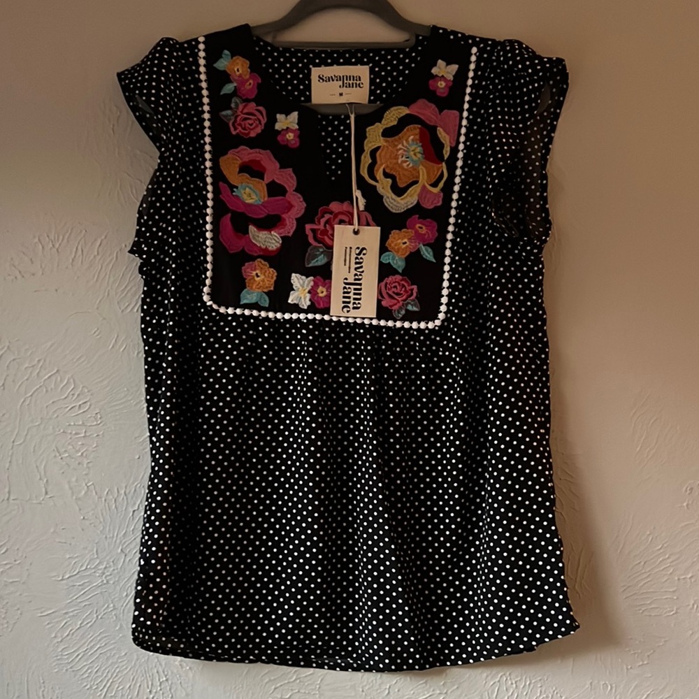 Savanna Jane Polka Dot Embroidered Neck Top